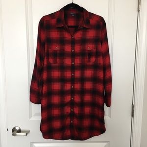 AE Plaid Button Down Red Flannel Style Shirt Dress